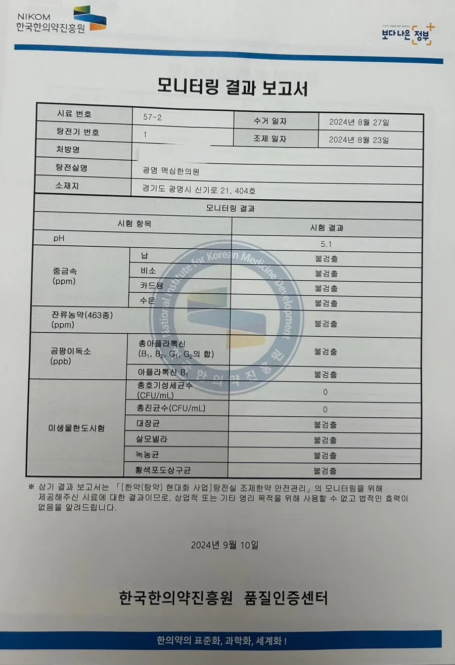 한국한의약진흥원 품질인증센터 모니터링 결과 보고서 1